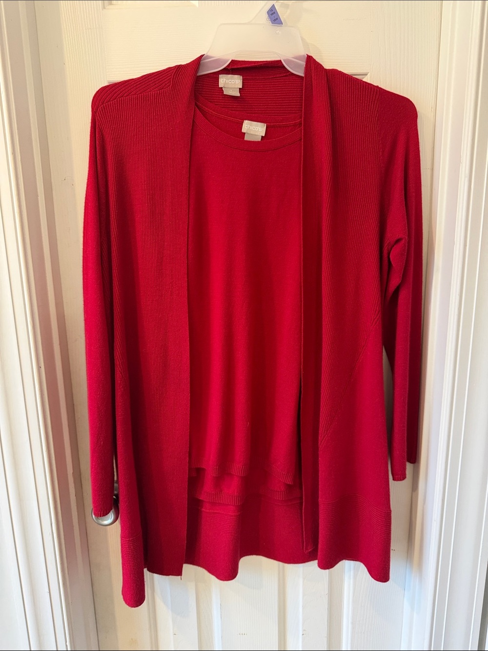 Women’s Red Two Piece Chico’s Shirt and Cardigan Set